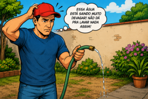 Figura com homem reclamando da pressão de agua para campanha de Analise de Acessorios para mangueira por www.lollatabo.com.br